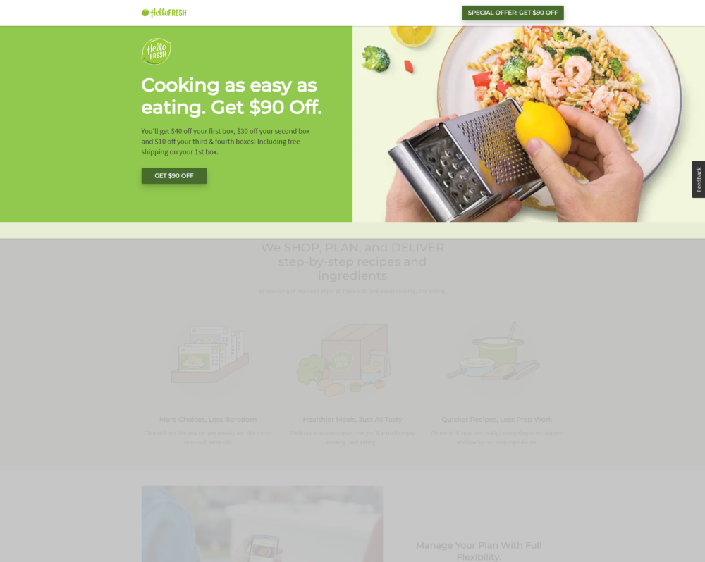 hellofresh landing page that says cooking as easy as eating get $90 off