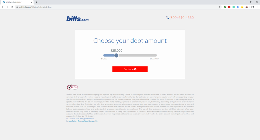 bills.com landing page that says choose your debt amount