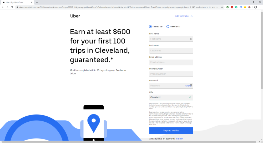 uber dedicated landing page with $600 offer