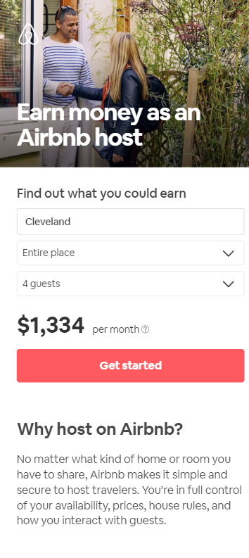 air bnb mobile landing page that says earn money as an air bnb host