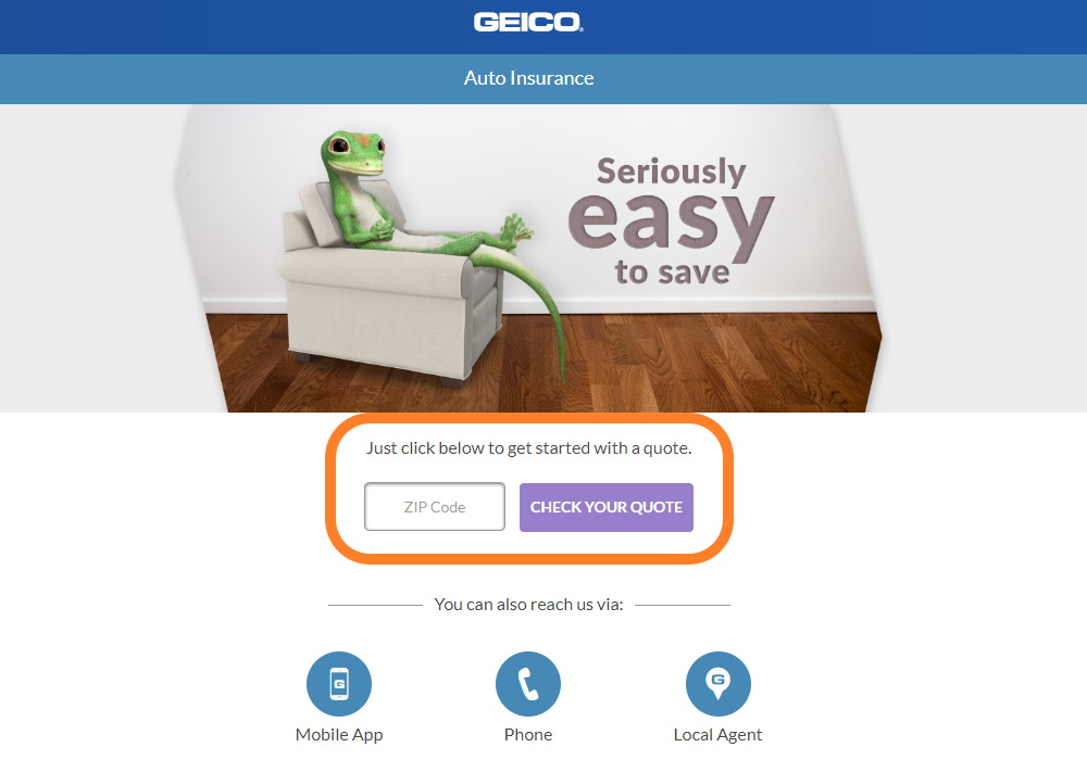 geico landing page that says enter zip code and check your quote