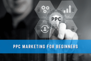 Graphic that says PPC Marketing for Beginners with a man pointing at the phrase"PPC"